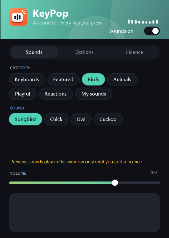 The KeyPop settings window: sound on/off, category and sound pickers, volume, options and licence key.